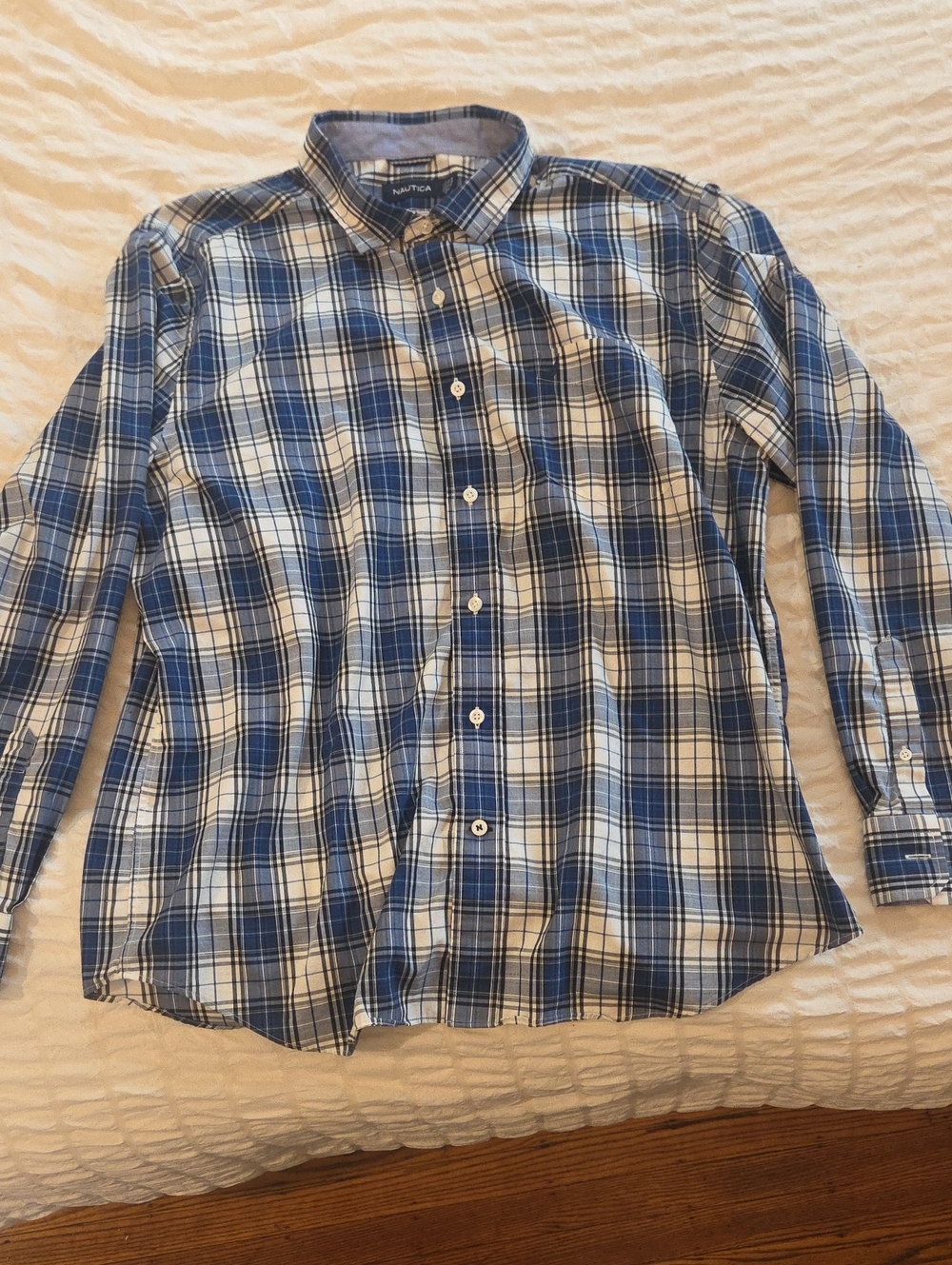 Nautica Blue and White Plaid Button-Down Shirt